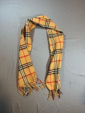 100% Cashmere Plaid Scarf Tan Check Fringe Soft Cozy Winter